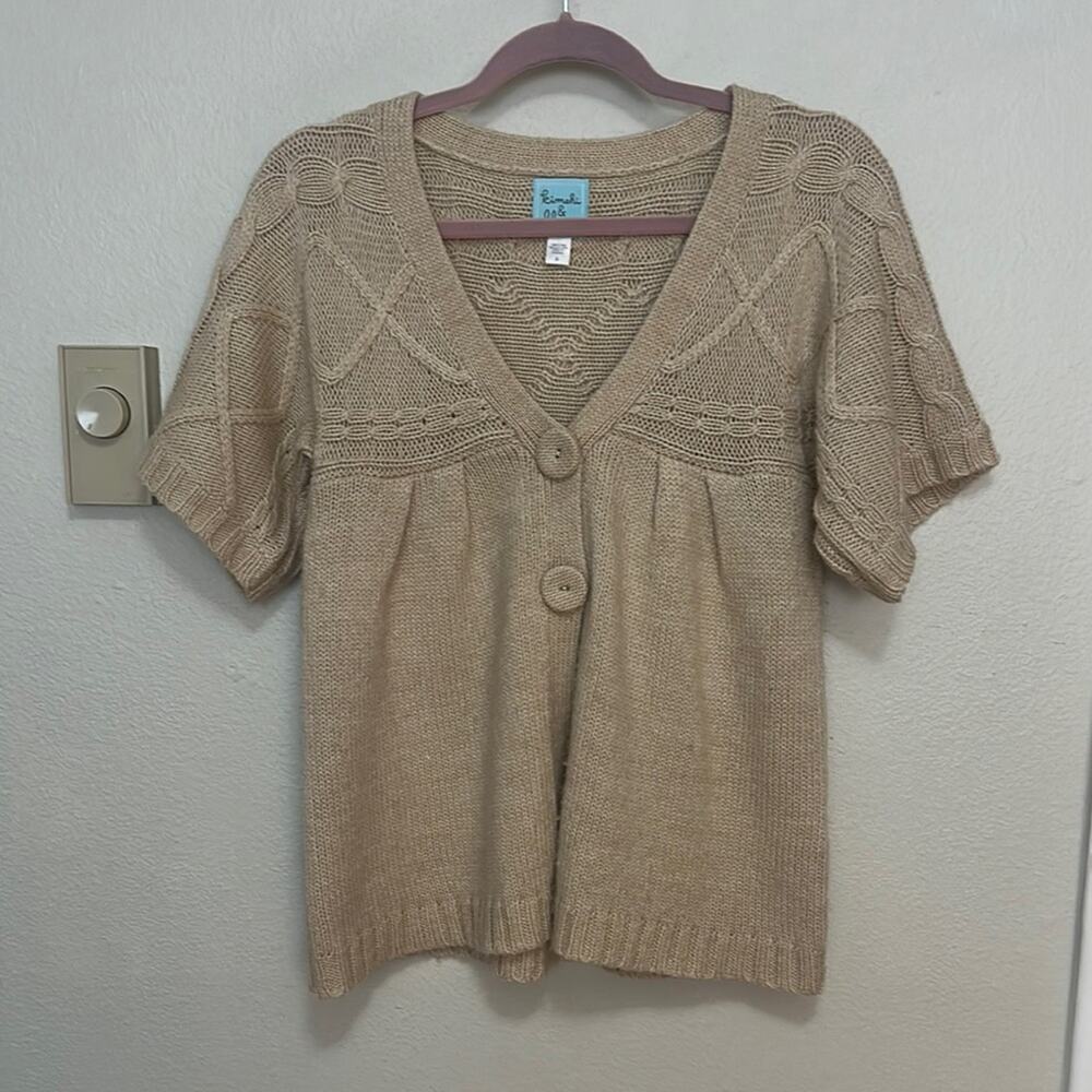 Kimchi Blue Tan V-Neck Cardigan Sweater Wool Short Sleeve Knit Downtown Girl
